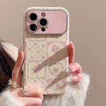 Leather Fashion Patchwork Elements Phone Case GUCADI 1pc Raspberry Plaid & Floral Pattern Patchwork Phone Case Compatible With IPhone 15, 16 Pro Max, 11, 14, 12 Fresh And Clean, Full Coverage, Leather Texture Spring Gift Anniversary Birthday Flower - Multicolor - View 4