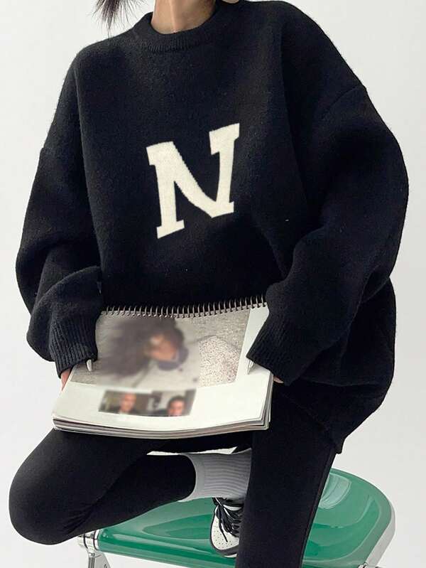 Alicedudu Pulls amples à col rond avec imprimé lettres pour femmes, automne/hiver