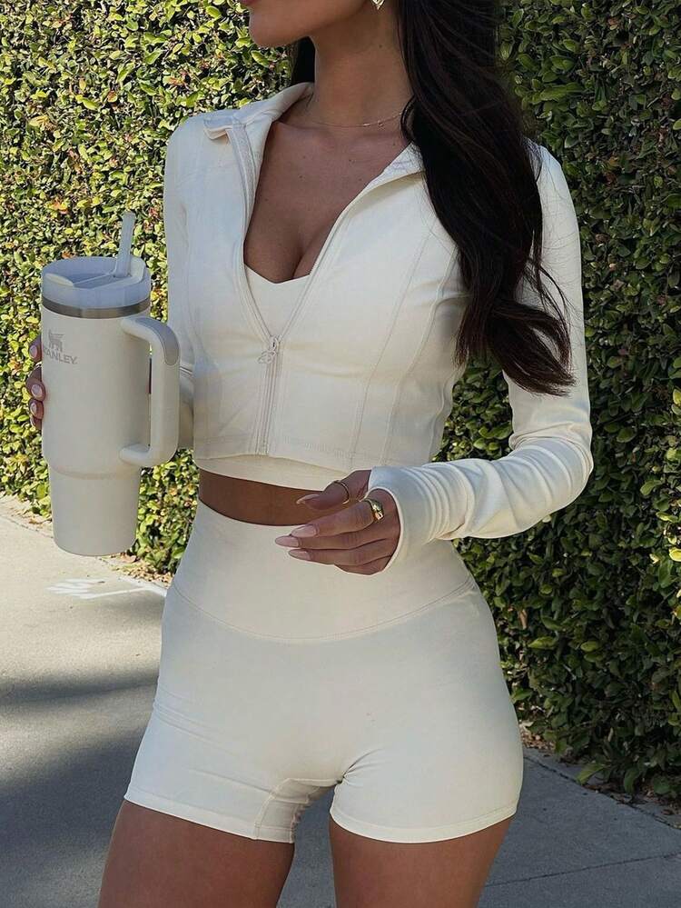 Conjunto de dos piezas para mujer de unicolor para otoño, casual, de exterior, de fitness, con manga larga, cremallera en la parte superior y pantalones cortos ajustados - Blanco - Añade 1