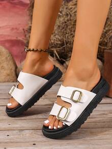 全新大码女式坡跟厚底凉鞋，时尚百搭简约风格，舒适柔软纯色脚背包覆女式坡跟厚底凉鞋