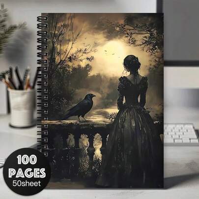 1 Stück Gothic Spiralbindung Notizbuch - Elegante Schwarz-Weiß Kunst mit Rabe, Vintage Stil, 100 Seiten, geeignet für Schule, Büro oder als Geschenk für Freunde, Kollegen, Damen und Herren, Tagebuch | Gothic Kunst | Robuste Spiralbindung