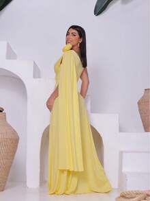 Women's Long Party Dress 3D Flower One Shoulder Cape Lined Cup Side Slit Simple Elegant Cloth Party Dress Wedding Party Graduation Prom Wedding Guest - 黃色 - 查看 4