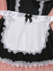 Vestido sexy plus size com babados e manga curta, laço e renda, patchwork, fantasia - Preto e Branco - Ver 3