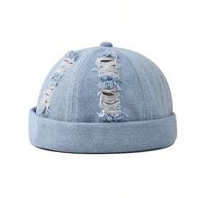 Men's Casual And Stylish Melon Rind Hat, Daily Versatile And Comfortable Washable Denim Ripped Brim Hat, Outdoor Sports Landlord Hat And Newsboy Hat - 淺藍色 - 查看 1