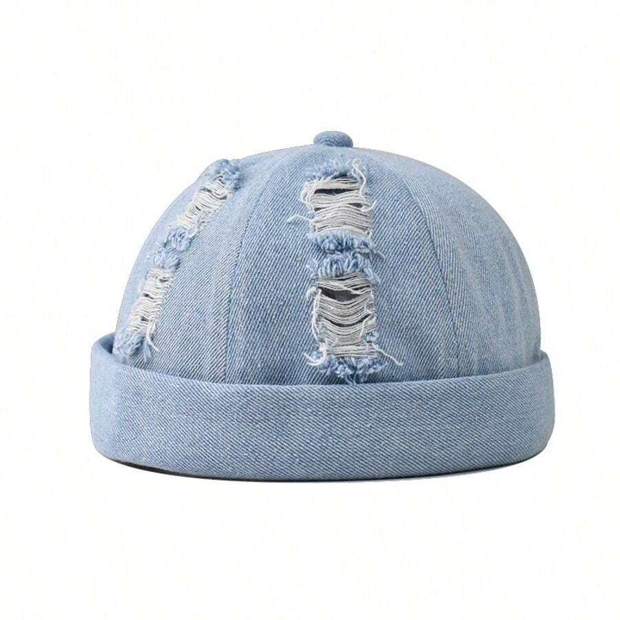 Men's Casual And Stylish Melon Rind Hat, Daily Versatile And Comfortable Washable Denim Ripped Brim Hat, Outdoor Sports Landlord Hat And Newsboy Hat - 淺藍色 - 查看 1