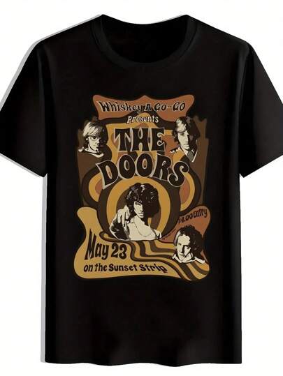 Camiseta de banda de rock inspirada en puertas vintage para hombres - Camiseta negra con impresión retro de concierto naranja, camisa de poliéster ligera y transpirable para conciertos, festivales, atuendos casuales - Lavable a máquina, ajuste clásico, regalo musical para hombres, camisetas de banda, ropa de festival, diseño de rayas al atardecer, impresión duradera