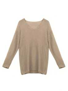 宽松纯色V领超大款休闲透气舒适女士度假毛衣 - 卡其色 - 查看 2