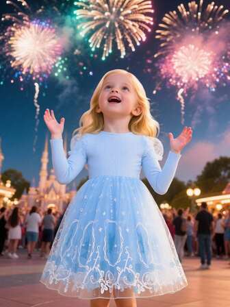 1 件女童公主风格网眼薄纱公主裙，圆领泡泡袖，适合户外、派对、度假、秋冬季