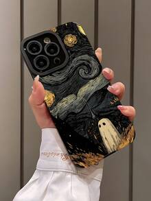 1 pieza Funda de teléfono de alta gama a prueba de caídas y huellas dactilares, con diseño de rayas verticales y estilo fantasma negro vintage de Van Gogh, compatible con Apple y otros modelos