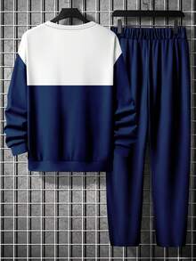 男士休闲运动风落肩圆领运动衫和裤子套装，秋季服装 - 彩色 - 查看 3