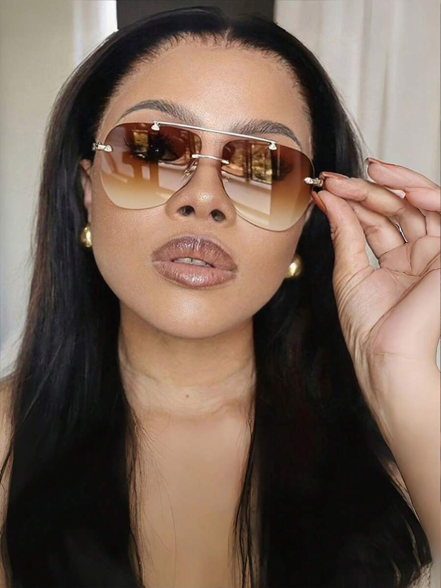 1 Pair Frameless Metal Aviator Fashion Glasses, Fashion Glasses For Women, Outdoor Travel Driving Vacation Beach Accessories, Concave Lens Glasses For Street Photography, Large Double-Bridge Aviator Fashion Glasses, Fashion Glasses For Men - 漸變茶 - 查看 1