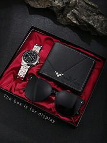 3pcs Men's Business Watch Gift Set, Including Watch, Wallet, Sunglasses, Fashionable Sports Personalized Cool Luxury Men's Watch, Designed For Men, Essential Daily Matching For Men, Suitable For Anniversary, Wedding, New Year, Holiday Gifts - Silver - View 3