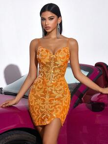 Elegante abito da festa corto con scollo a V in rete, spalline con ricamo di perline, colore giallo latte, senza schienale (posizione del ricamo casuale), adatto per ballo di fine anno, compleanno, appuntamento serale, festa di laurea, matrimonio, ricevimento di famiglia e cocktail festa - Arancione - Visualizzare 6