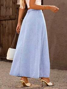 Chân váy xòe chữ A dài bằng vải denim ARWY thời trang nữ, thiết kế cài nút phía trước, chất liệu vải không co giãn, thích hợp mặc hàng ngày - màu xanh nhạt - Xem 2