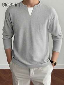 男士灰色V领亨利领华夫格针织长袖T恤，简约设计，精致领口，可机洗，复古风格