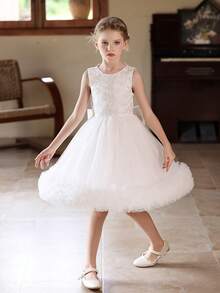 Girls' White Tulle Cake Dress Short Wedding Party Flower Girl Dress - White - View 7