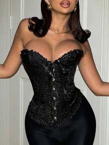 Yuwenier 性感花卉饰边提花紧身胸衣连体裤，配蕾丝腰部提裆泰迪熊睡衣和丁字裤两件套，万圣节派对服装 - 黑色 - 查看 4