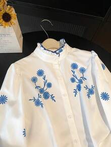 Perceive Floral Print Frill Collar Long Sleeve Women Shirt, Business Casual Wear For Autumn/Winter - White - View 6