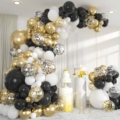 112pcs Black & Gold Balloon Arch Kit - 18/10/5 Inch Gold, White & Black Confetti Balloons For Boys, Girls, Kids Birthday, Baby Shower, Gender Reveal, Wedding, Room, Party Decorations, New Year Party Decor