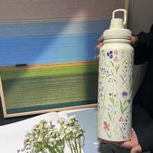 1pc Floral Stainless Steel Insulated Water Bottle - Double Wall Vacuum Tumbler, Suitable For Hot & Cold Drinks, 600ml/800ml/1000ml Size, Great For Travel, Gym, Outdoor Activities And Gifts - White - View 5