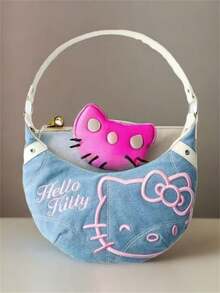 Sanrio 1 pieza Bolso cruzado de denim con bordado de Hello Kitty, bolso casual versátil para llevar debajo del brazo para mujeres