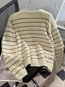 极简黑白条纹温柔开衫 - 紅色 - 查看 4