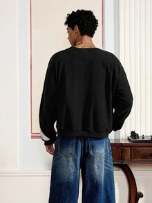 男士宽松针织长袖套头衫，街头风格 - 黑色 - 查看 2