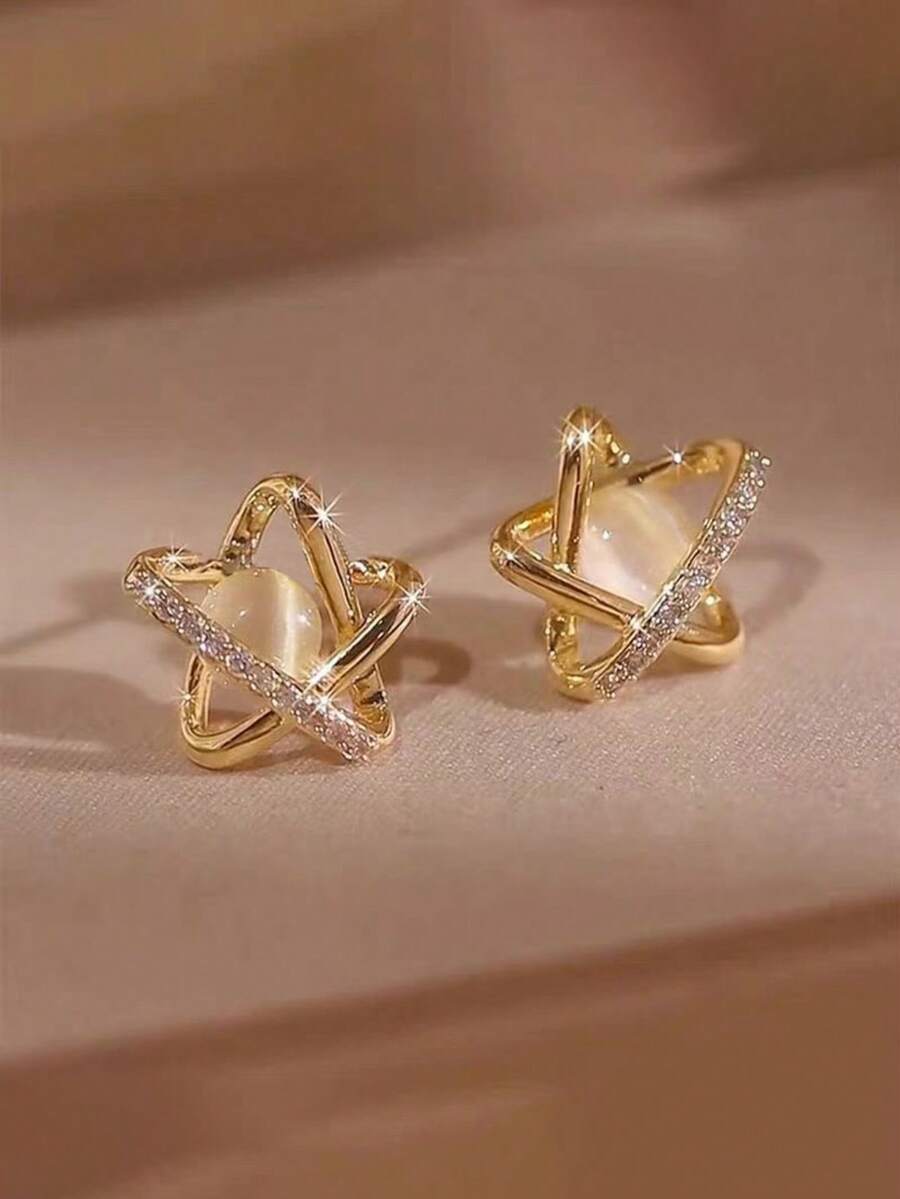 1piece Teen Niche Design, Cat Eye Geometry, Pentagram Earrings, Fashionable, Simple, Light Luxury, Explosive Ear Accessories - Multicolor - View 1