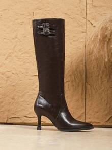 Fall/Winter Women's Elegant Over-The-Knee High Heel Boots, Non-Fatiguing, Pointed Toe Slim Heel, Elastic Slimming, New Style Stacked Heel Boots With Side Zipper, Black - Black - View 5