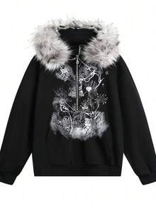 Retro Y2K Style Hooded Sweater With A Fur Collar, A Semi-Open Collar Patchwork Zipper Pullover For Men In Autumn - 黑色 - 查看 1