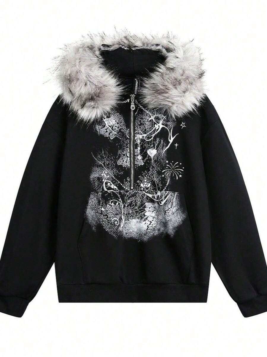 Retro Y2K Style Hooded Sweater With A Fur Collar, A Semi-Open Collar Patchwork Zipper Pullover For Men In Autumn - 黑色 - 查看 1