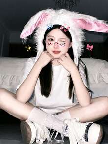 Cute White Rabbit Hat With Long Ears, Halloween Cosplay Costume, Photo Prop, Rabbit Cosplay, Halloween Rabbit Feather, Polyester - White - View 8