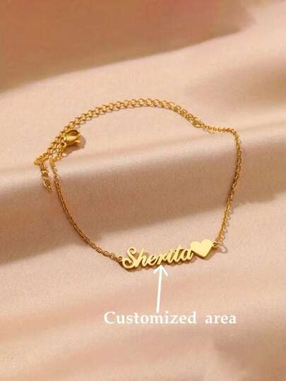 [Customized Product] One-Piece Custom Stainless Steel Heart Name Bracelet - Personalized Handmade Jewelry, Vintage Bohemian Style Chain, Couple's Anniversary, Valentine's Day, Party Gift (English Customization Only), Personalized Jewelry, Elegant Design, Exquisite Craftsmanship, Exclusive For Fashion Lovers