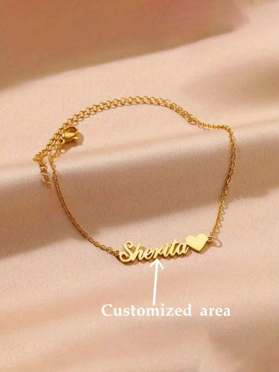 [Customized Product] One-Piece Custom Stainless Steel Heart Name Bracelet - Personalized Handmade Jewelry, Vintage Bohemian Style Chain, Couple's Anniversary, Valentine's Day, Party Gift (English Customization Only), Personalized Jewelry, Elegant Design, Exquisite Craftsmanship, Exclusive For Fashion Lovers