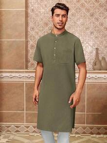 Mens Kurta Cotton Linen Henley Shirts Kaftan Short Sleeve Lounge Plain Gown Shirt-20256688 - xanh quân đội - Xem 6