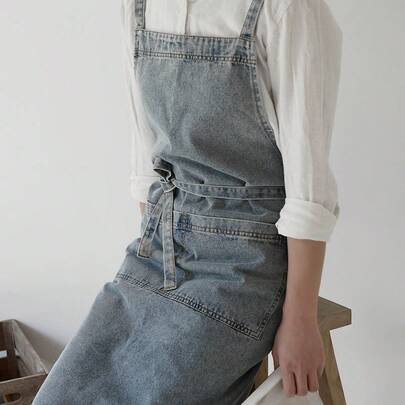 1 pieza Delantal de estilo coreano de grueso lienzo de algodón y denim, delantal de trabajo doméstico de cocina anti-manchas, uniforme de barista