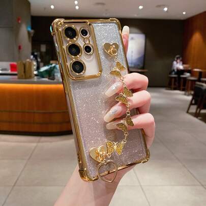 Luxury Minimalist TPU Silicone Butterfly Electroplated Glitter Phone Case With Heart Charm Chain Bracelet (With Screen Protector) (Butterfly Bracelet) 1pc Minimalist Phone Case, Space-Grade Anti-Drop/TPU Silicone Soft Edge Luxury Protective Cover With Dust-Proof Holes, Thick Edges, Compatible With Samsung Galaxy S24 Ultra/S24 Plus/S24/S23 Ultra/S23 Plus/S23/S22 Ultra/S22 Plus/S22/S21 Ultra/S21 Plus/S21 FE/S23 FE/S20 Ultra/S20 Plus/S20 FE And Stand Electroplating + TPU Silicone Soft Edge Full Coverage Women/Men High-End Protective Case, Suitable For Compatible With OPPO, International Version, Not The Domestic Version Gift
