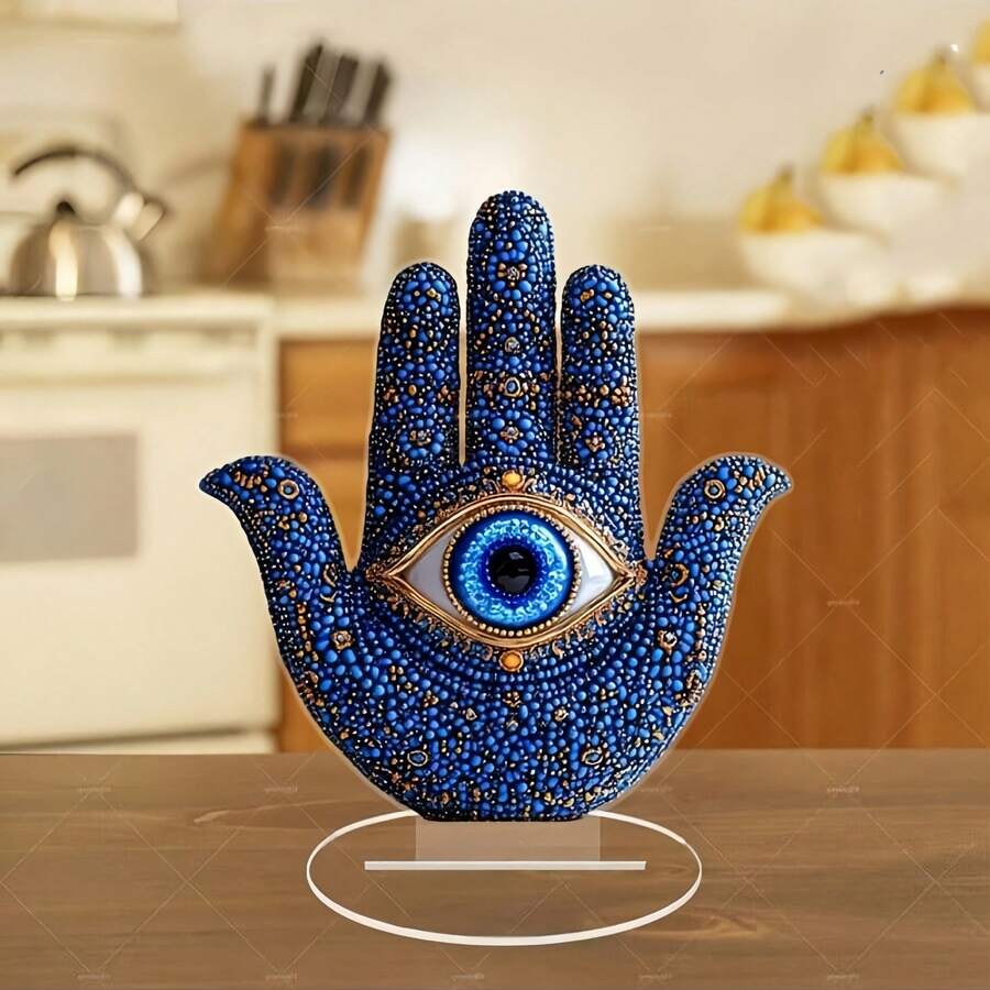 3D抽象装饰亚克力艺术桌面装饰，蓝色土耳其邪眼棕榈印花，厚度0.3厘米，适用于家庭和办公室装饰、守卫装饰、旅行纪念品、节日装饰、劳动节、感恩节、圣诞节礼物