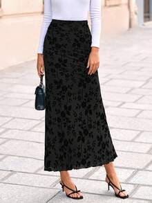 Women Elegant Floral Mesh Elastic High Waist Boho Mermaid Midi Skirt Spring Fall Autumn Holiday Party Club Wedding Guest Cocktail Valentine Outfits - 黑色 - 查看 5