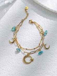 1pc Y2K Funky Stainless Steel Moon Charms Bracelet 18K Gold Plated Double Layer Chain Cuff Jewelry For Women Teen For Daily Decoration & Friendship Gift