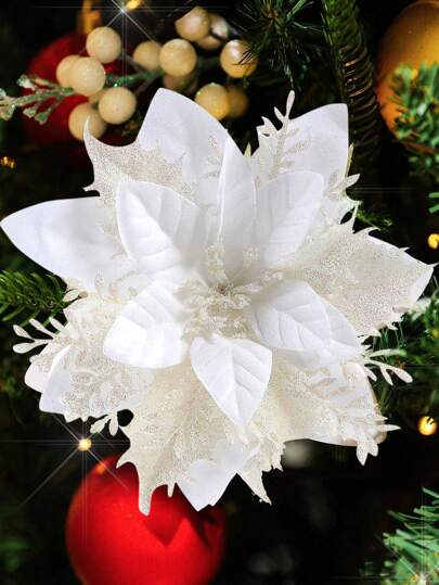 20pcs/10pcs Artificial Poinsettia Flowers With Clips, Shiny Christmas Decorations, Glitter Christmas Wreath Garland DIY, Party Floral, Suitable For Wedding, Christmas, Valentine's Day, Birthday Party, Home Decor, Christmas Tree Ornaments (White)
