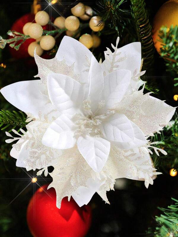 20/10 szt. sztucznych kwiatów poinsecji z klipsami, błyszczące ozdoby świąteczne, brokatowy wieniec świąteczny DIY, kwiaty na imprezę, odpowiednie na ślub, Boże Narodzenie, Walentynki, urodziny, wystrój domu, ozdoby choinkowe (białe)