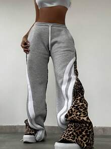 Calça Esportiva Casual e Fashionista para Mulheres, Estampa de Leopardo e Listras em Cores Sólidas para Outono e Inverno, Modelo Solto com Cadarço