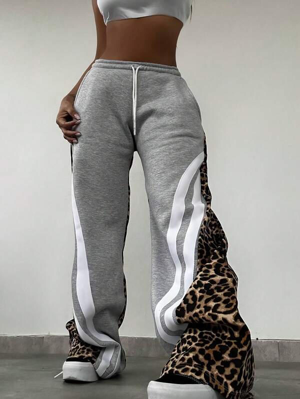 Women Fashionable Casual Sportswear Autumn And Winter Solid Color Street Leopard Print Stripes Matching Color Loose Lace-Up Sports Trousers Tights