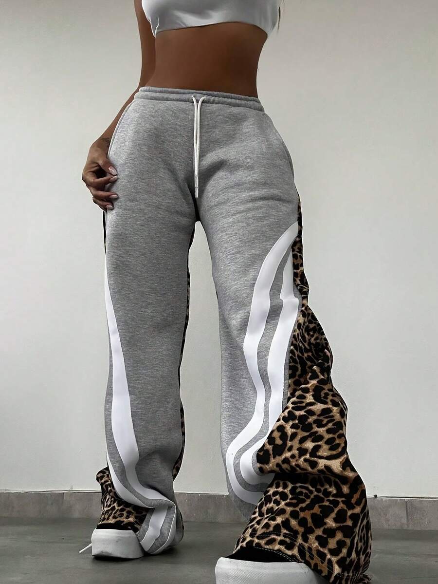 Calça Esportiva Casual e Fashionista para Mulheres, Estampa de Leopardo e Listras em Cores Sólidas para Outono e Inverno, Modelo Solto com Cadarço