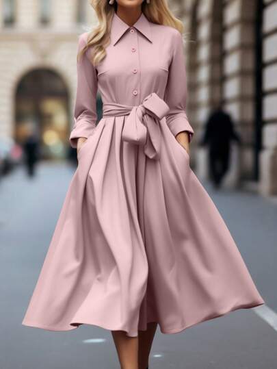Women's Solid Color Long Sleeve Collared Belted Pocket Dress, Elegant For Commute, Office, Holidays, Party