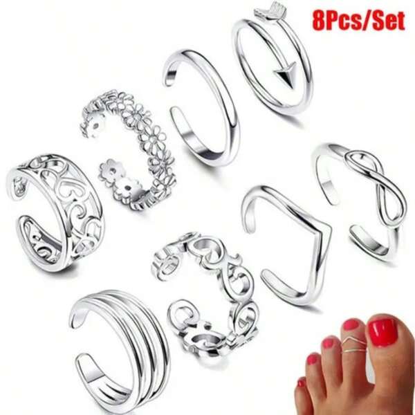 8Pcs/Set Toe Rings For Women Adjustable Rings Open Ring Set Beach Jewelry