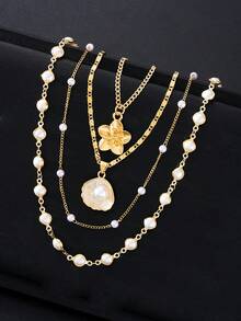 4/1 Set Elegant Vintage Minimalist Style Women Pearl Heart Flower Cross Pendant Y-Necklace Set, Suitable For Women's Daily, Party, Date, Wedding, Vacation, Multi-Layer Wear, Delicate Necklace, 2025 New Collection
