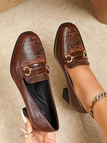 女士黑色粗跟礼服鞋，时尚英伦风方头工作鞋，优雅乐福鞋 - 咖啡色 - 查看 3