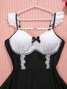 Vestido sexy plus size com babados e manga curta, laço e renda, patchwork, fantasia - Preto e Branco - Ver 4